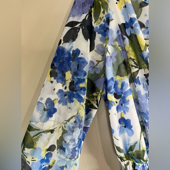 Marina FLORAL‎ LONG SLEEVE FAUX WRAP DRESS Blue Green Chiffon Size 14 Midi NWT - Picture 6 of 14